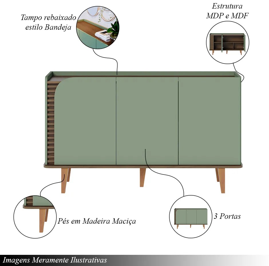 Buffet Decorativo Sala de Jantar Versátil Village 1,36cm Pés de Madeira Hortelã/ Amêndoa G73 - Gran Belo