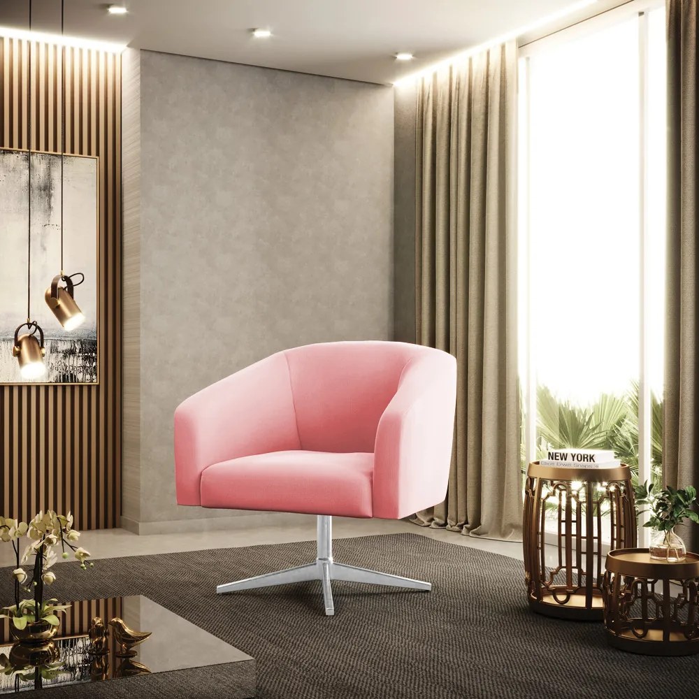 Poltrona Decorativa Giratória Cromada Stella Suede D03 - D'Rossi - Rosa Bebê