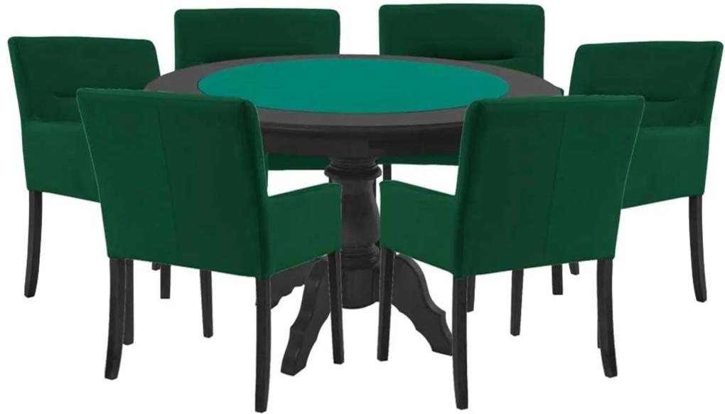 Mesa de Jogos Carteado Redonda Montreal Tampo Reversível Preto com 6 Cadeiras Vicenza Verde - Gran Belo