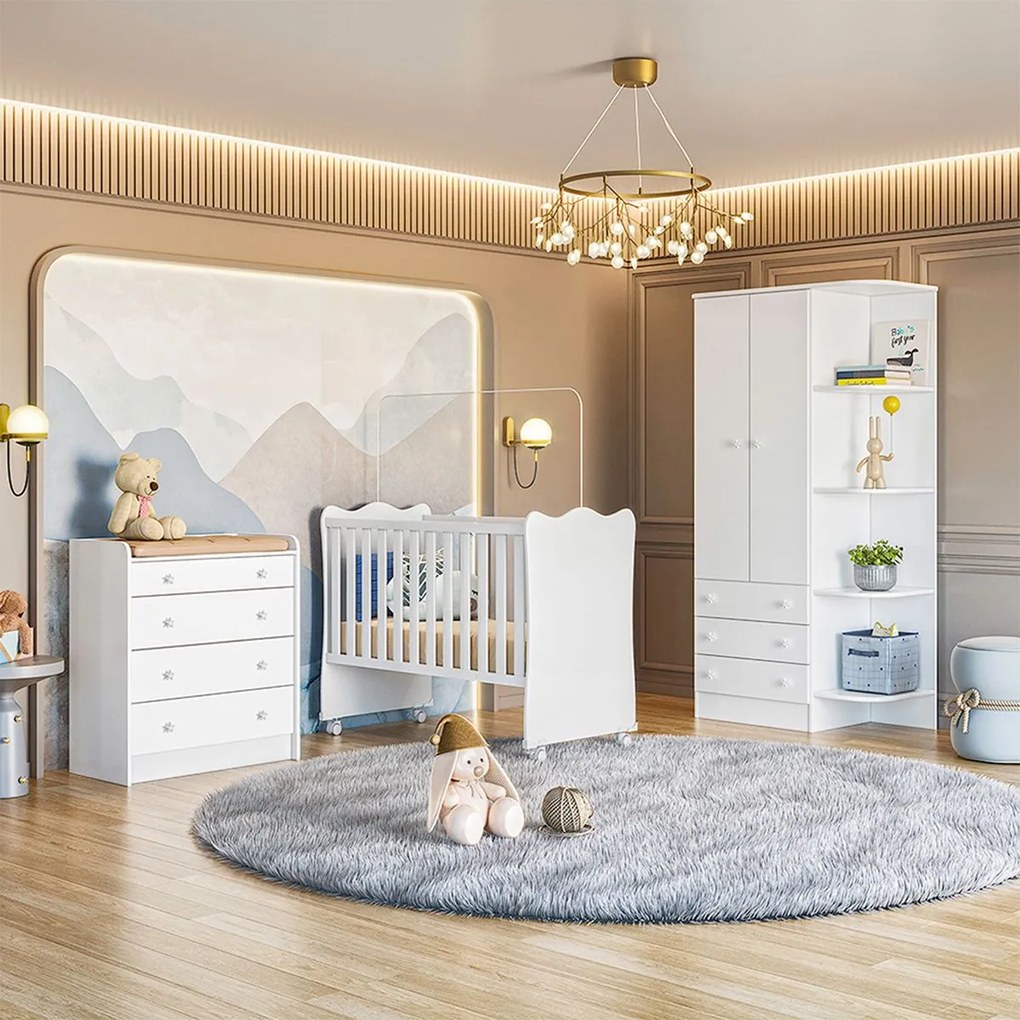 Kit Berço, Guarda Roupa Infantil 2 Portas 3 Gavetas com Cantoneira e Cômoda Infantil c/ Trocador 4 Gavetas Brilhar Q01