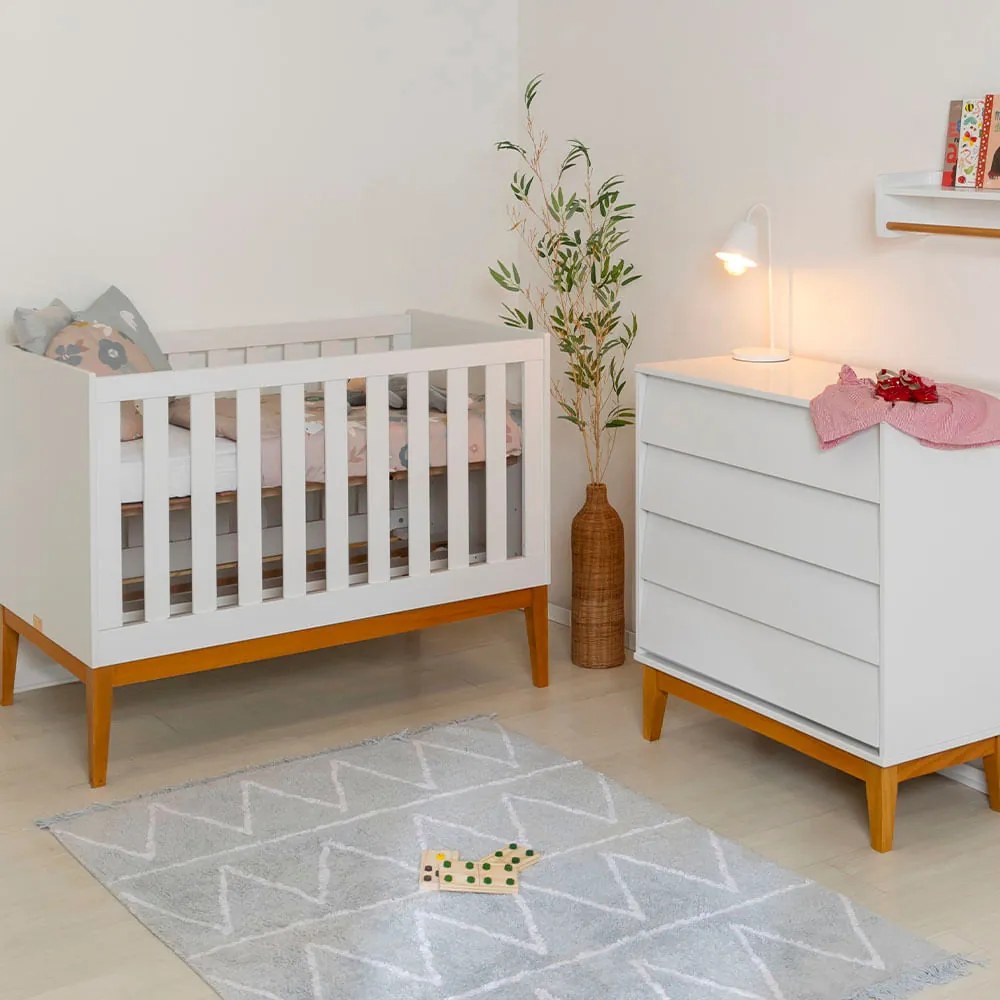 Kit Quarto Infantil Noah com Pés Square Mel - Berço Mini Cama + Cômoda 4 Gavetas - Branco