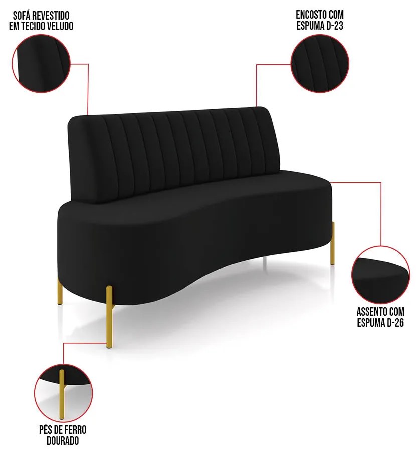 Sofá 2 Lugares Living 135cm Pé Ferro Dourado Maraú Veludo K01 - D'Rossi - Preto