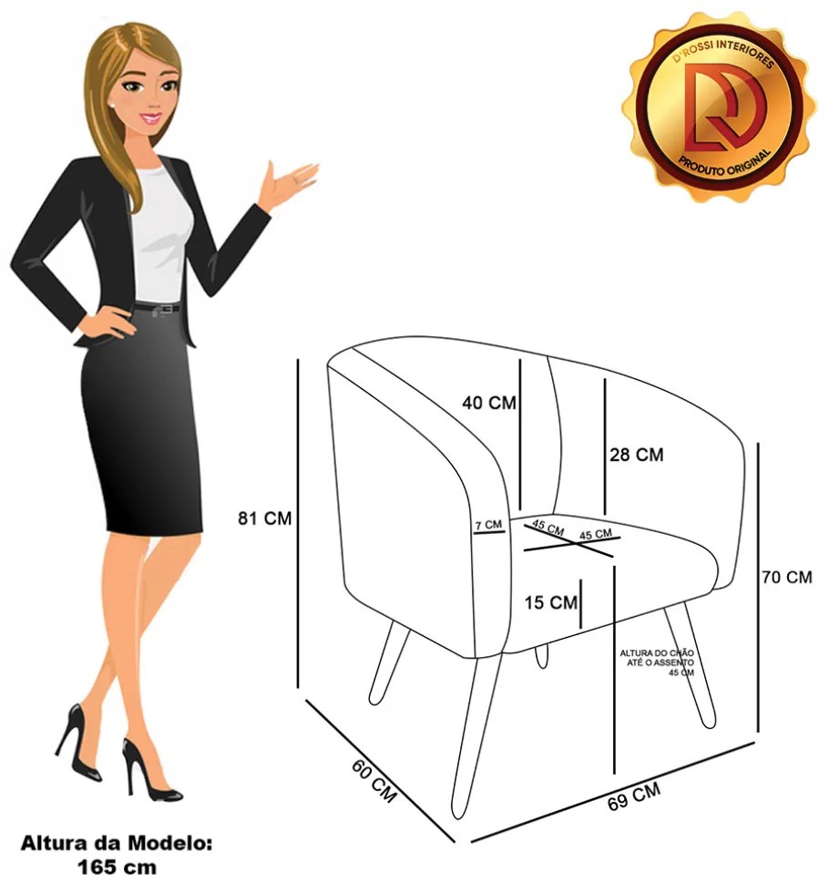 Poltrona Decorativa Pé Palito Natural Stella Bouclê Cinza D03 - D'Rossi