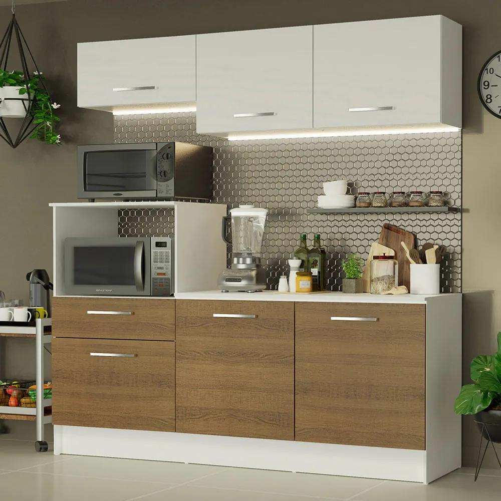 Cozinha Compacta Madesa Onix 180001 com Armário e Balcão Branco/Rustic/Branco A8 Cor:Branco/Rustic