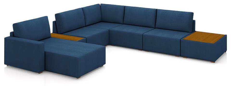 Sofá de Canto Decorativo Sala de Estar 715cm Modulado Takashi com Chaise e Puffs Linho Azul Petróleo G45 - Gran Belo