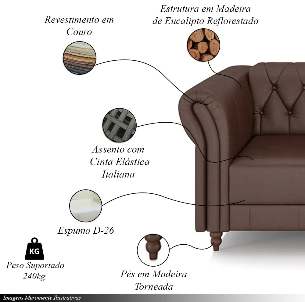 Sofá Living Sala de Estar Stanford Chesterfield 2 Lugares 180cm Pés de Madeira Couro Marrom Brilho G58 - Gran Belo