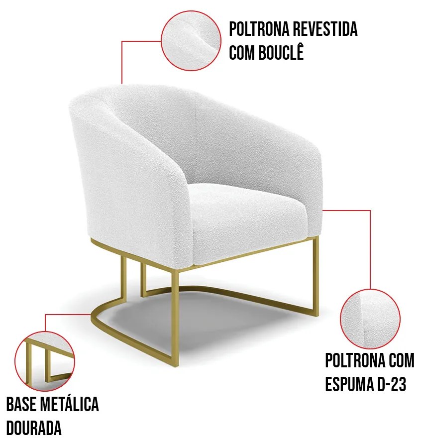 Poltrona Decorativa Base Industrial Dourado Stella Bouclê D03 - D'Rossi - Off White