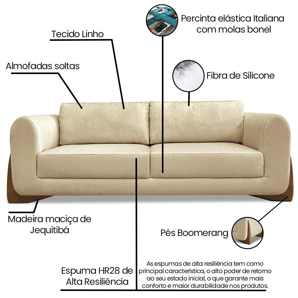 Sofá 2 Lugares Base de Madeira Clarissa 180 cm Linho S04 - D'Rossi - Dourado