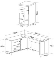 Mesa Escrivaninha em L Sharp e Gaveteiro 2 Gavetas Tok A06 Olmo/Branco