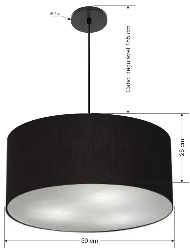 Lustre Pendente Cilíndrico Vivare Free Lux Pe-4386PR Cúpula em Tecido - 50X25cm