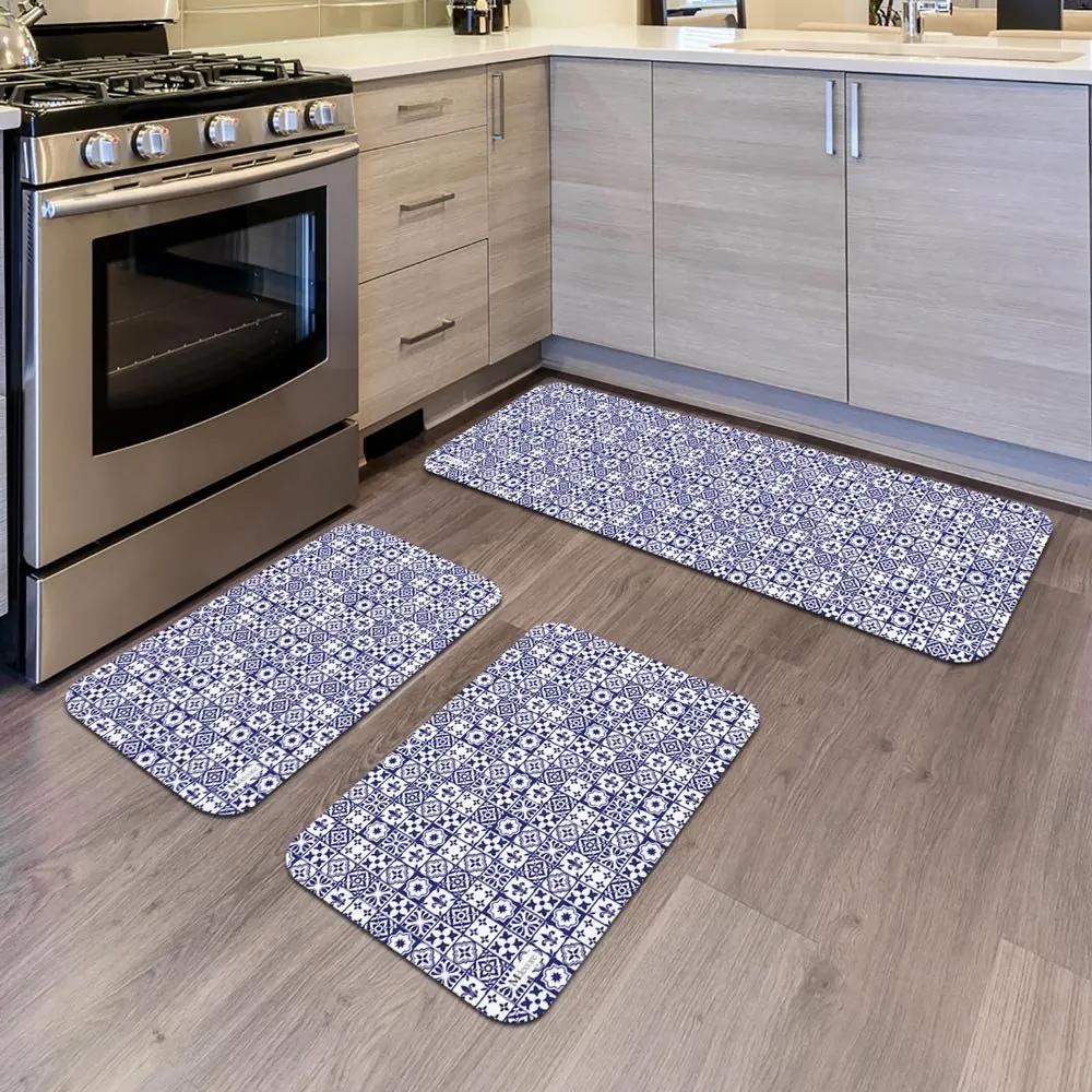 Kit com 3 Tapetes de Cozinha Mdecore Azulejo AzulÚnico