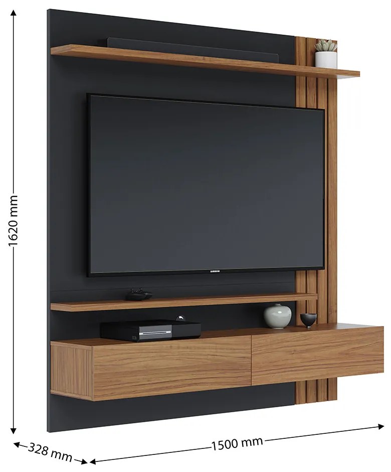 Painel TV 65 Pol 150cm Bancada Suspensa Ripado Luca C04 - D'Rossi - Noce Milano/Preto Fosco
