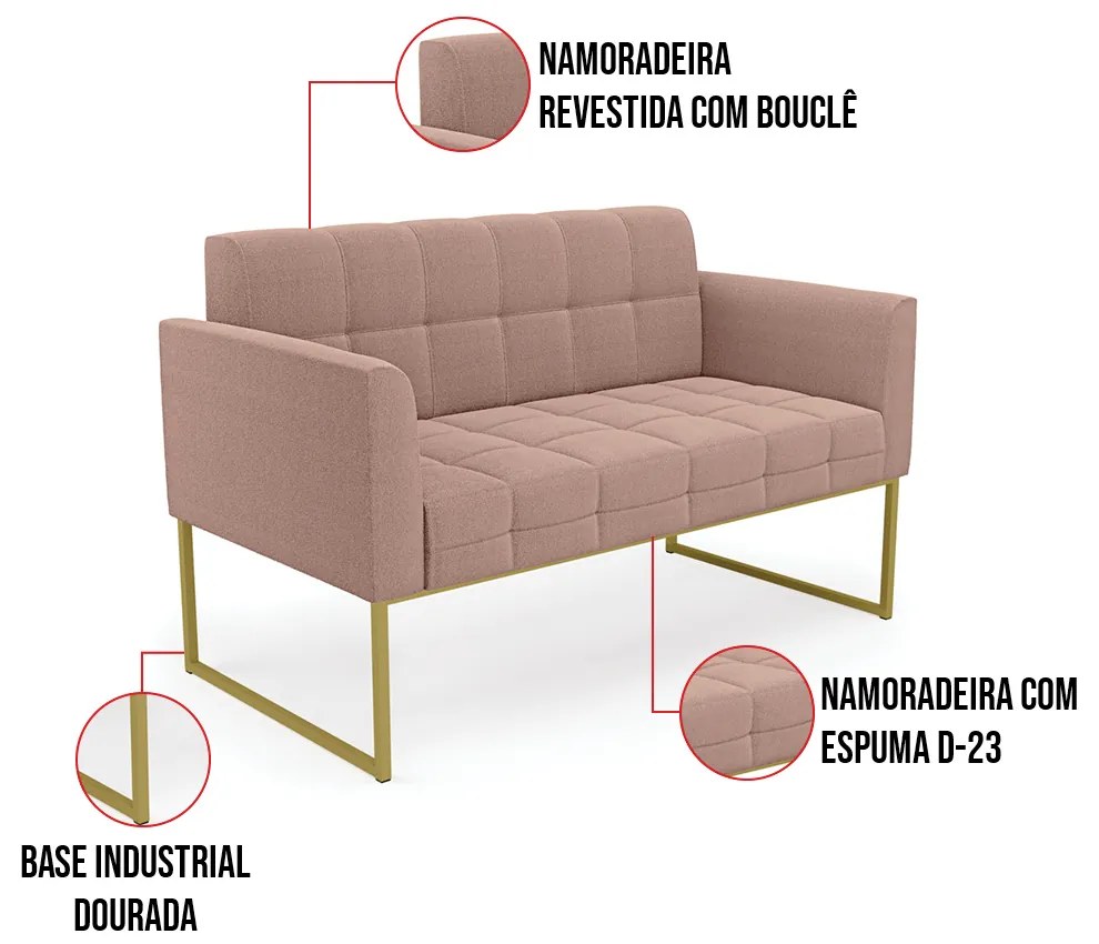 Namoradeira e 2 Poltronas Industrial Dourado Elisa Bouclê D03 - D'Rossi - Rose