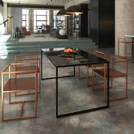 Mesa em Metal de Jantar com Elemento Vazado para Tampo de vidro | Tam: 160x90cm | Cor: Preto | Mod: Marias
