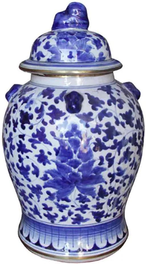 Pote em Porcelana Thai com Tampa Floral Azul e Branco M D25cm x A41cm