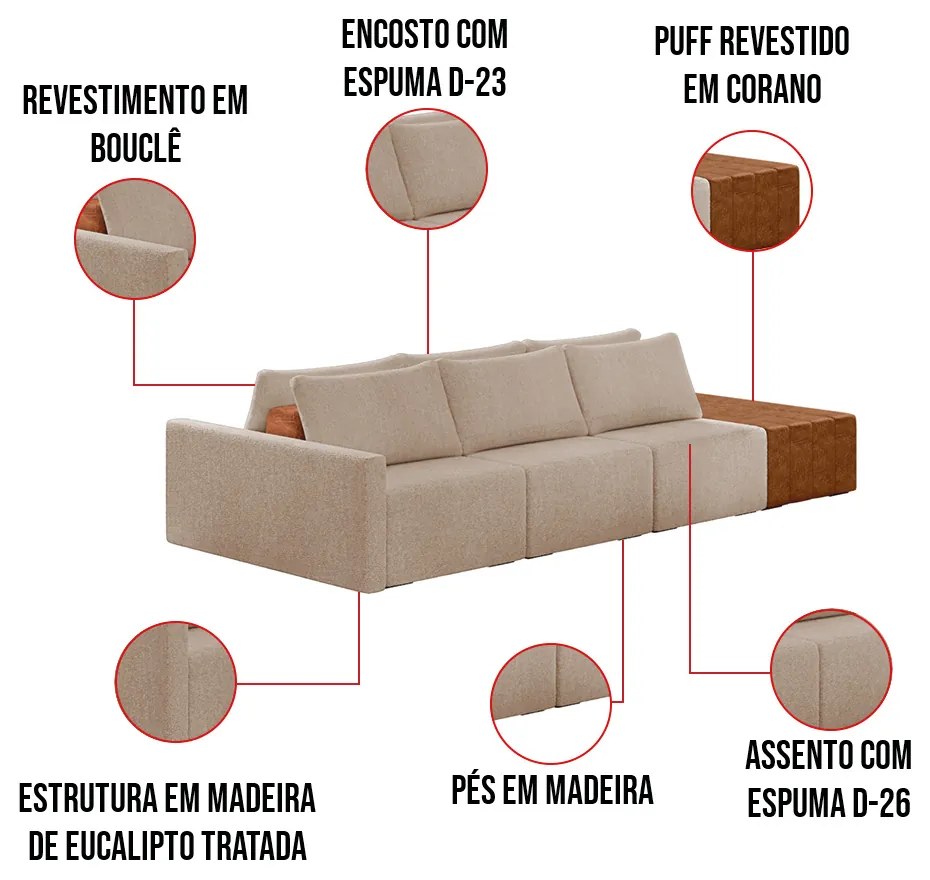 Sofá Ilha 3 Lugares Living 372cm Modulado para Sala Lary Bouclê Creme K01 - D'Rossi