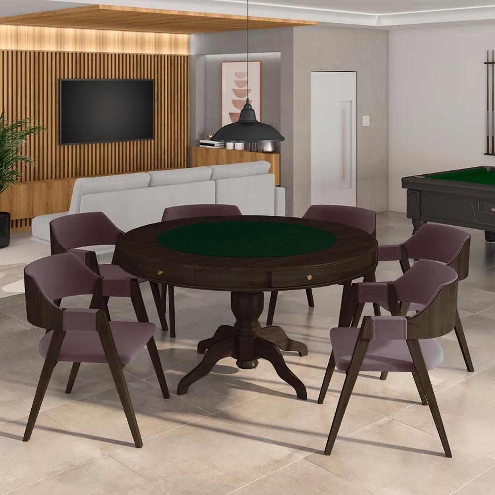 Conjunto Mesa de Jogos Carteado Bellagio Tampo Reversível e 6 Cadeiras Madeira Poker Base Estrela Veludo Rosê/Capuccino G42 - Gran Belo