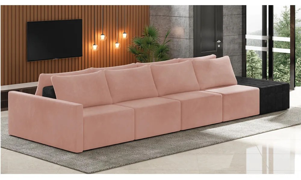 Sofá Ilha 4 Lugares Living 472cm Modulado Sala Lary Veludo/PU Pto K01 - D'Rossi - Rose