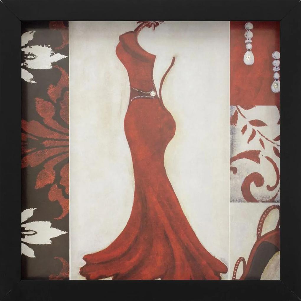Quadro Decorativo Com Imagem Sobreposta Vestido Longo Vermelho Aberto Com Detalhe Em Strass 30x30cm