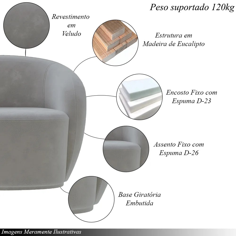 Poltrona Decorativa Sala de Estar Íbis Encosto Fixo Veludo Cinza G33 - Gran Belo