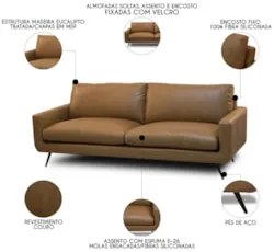 Sofá 4 Lugares Para Sala Living 282cm Merli L08 Couro Camel  - Mpozena