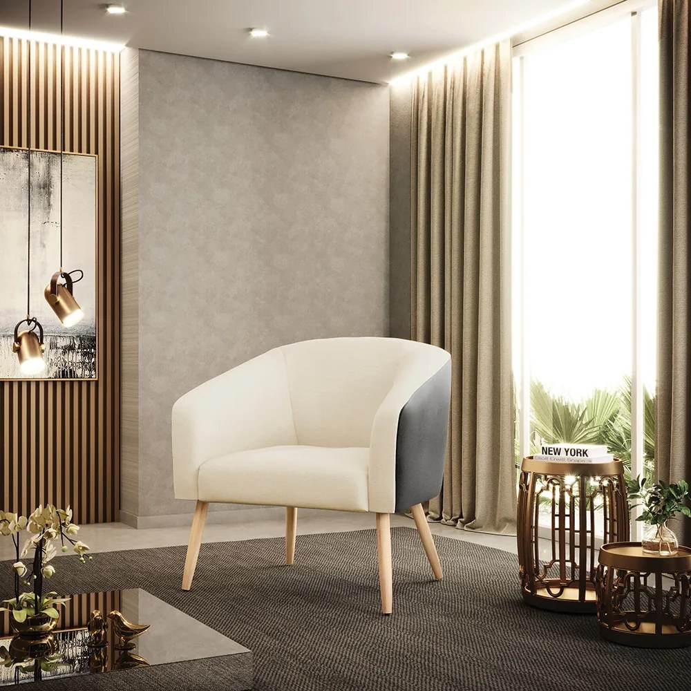 Poltrona Decorativa Pé Palito Natural Stella Preto/Linho Bege D03 - D'Rossi