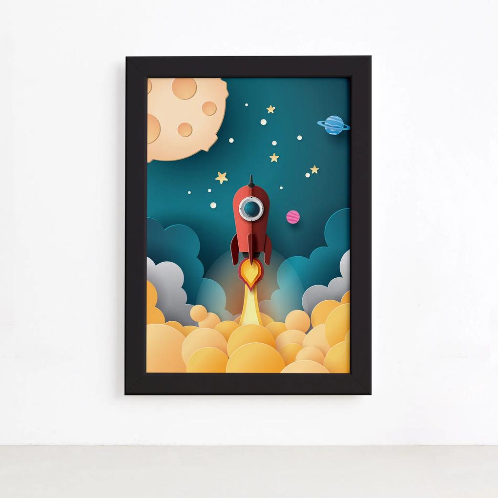 Quadro Astronauta Foguete Vermelho Moldura Preta 33x43cm