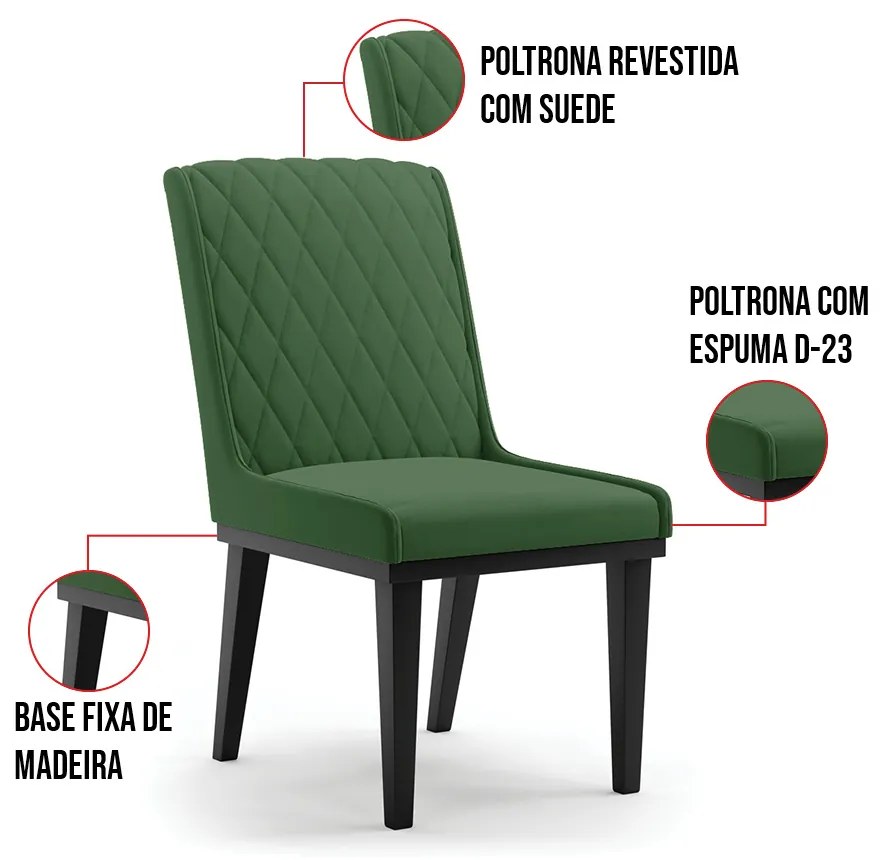 Cadeira Sala de Jantar Base Madeira Preto Kit 6 Sofia Suede D03 - D'Rossi - Verde