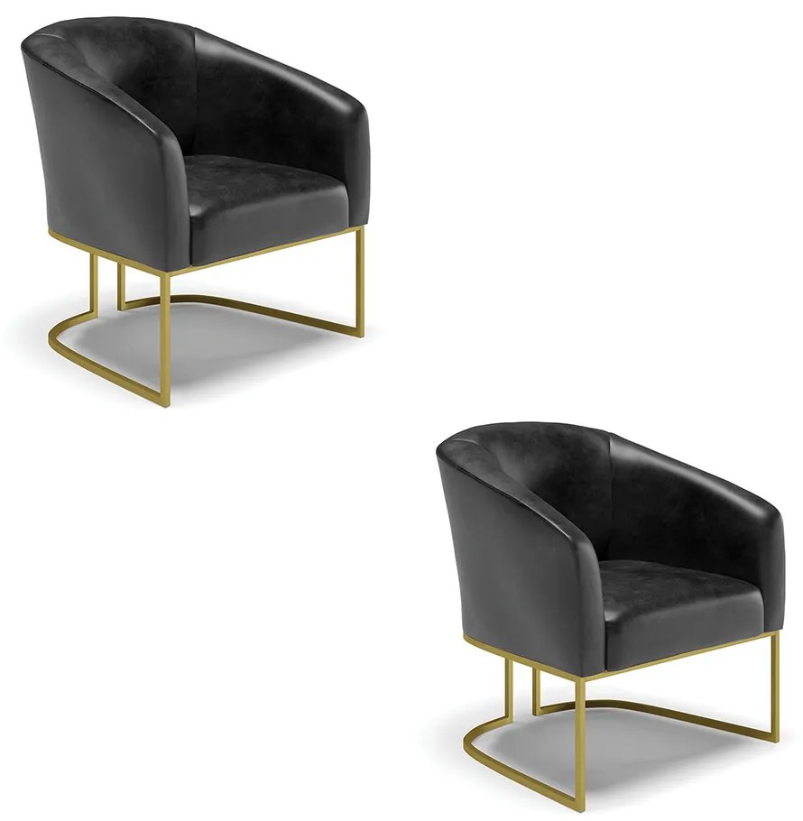 Poltrona Decorativa Industrial Dourado kit 2 Stella Sintético PU  Preto D03 - D'Rossi