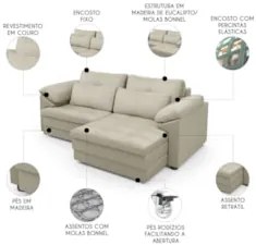 Sofá Retrátil 2 Lugares Para Sala 175cm Dijon Couro Creme S07 - Mpozen