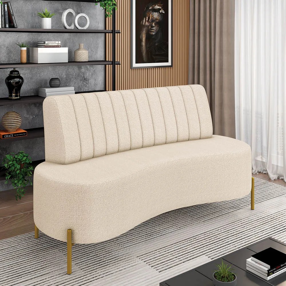 Sofá 2 Lugares Living 160cm Pé Ferro Dourado Maraú Bouclê K01 - D'Rossi - Bege