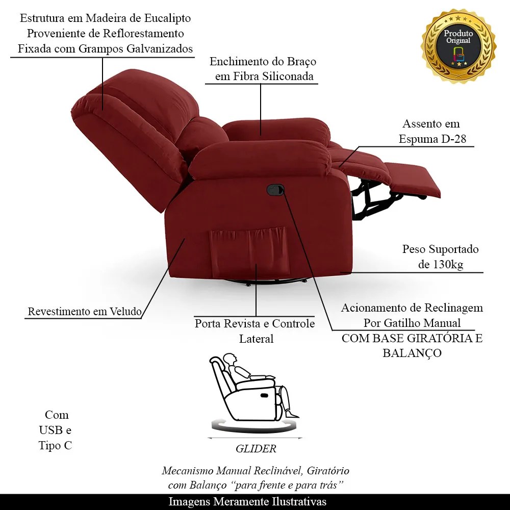 Poltrona do Papai Reclinável Sala de Cinema Madrid Glider Manual Giratória USB Veludo Vermelho  G23