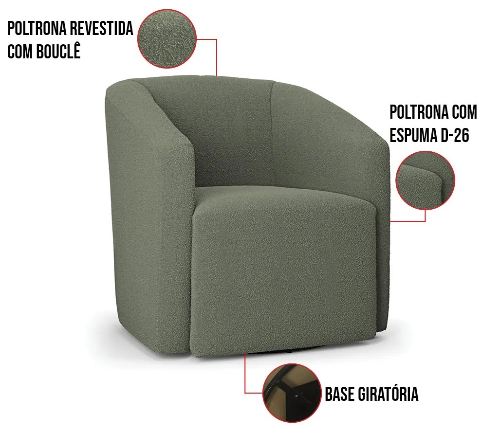 Poltrona Sala de Estar Base Giratória Stella Max Bouclê D03 - D'Rossi - Menta