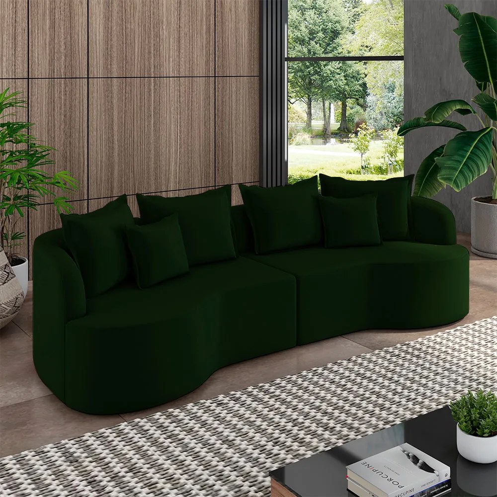 Sofá Living Decorativo Salinas 2 Lugares com Almofadas 210cm Modulado Veludo Verde G33 - Gran Belo