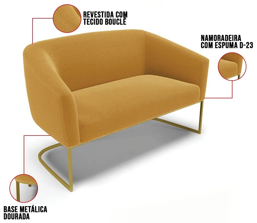 Sofá 2 Lugares Namoradeira Industrial Dourado Stella Bouclê D03 - D'Rossi - Mostarda