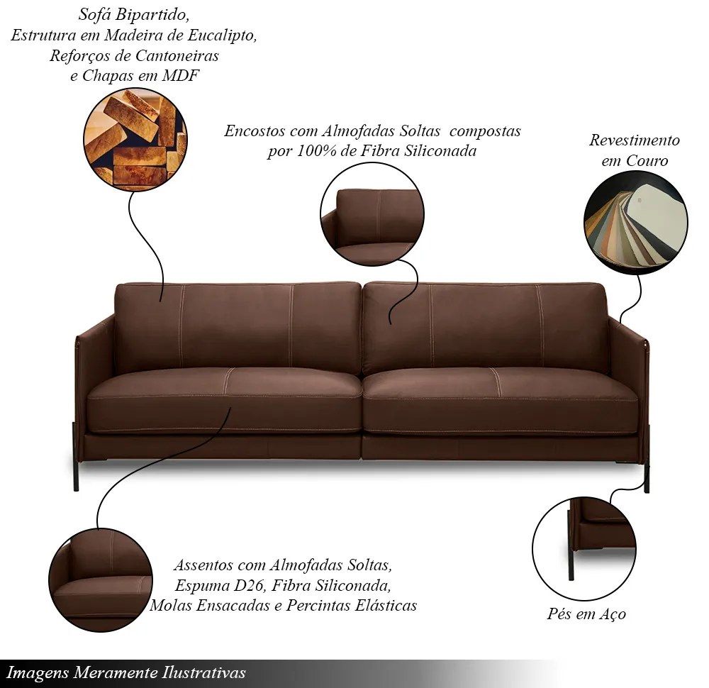 Sofá Decorativo Karine 3 Lugares Sala de estar 240cm Pés em Aço Couro Marrom Chocolate G88 - Gran Belo