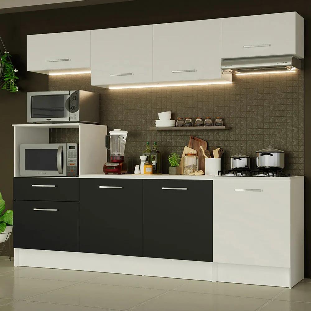 Cozinha Completa Madesa Onix 240003 com Armario e Balcão Branco/Preto 0973 Cor:Branco/Branco/Preto