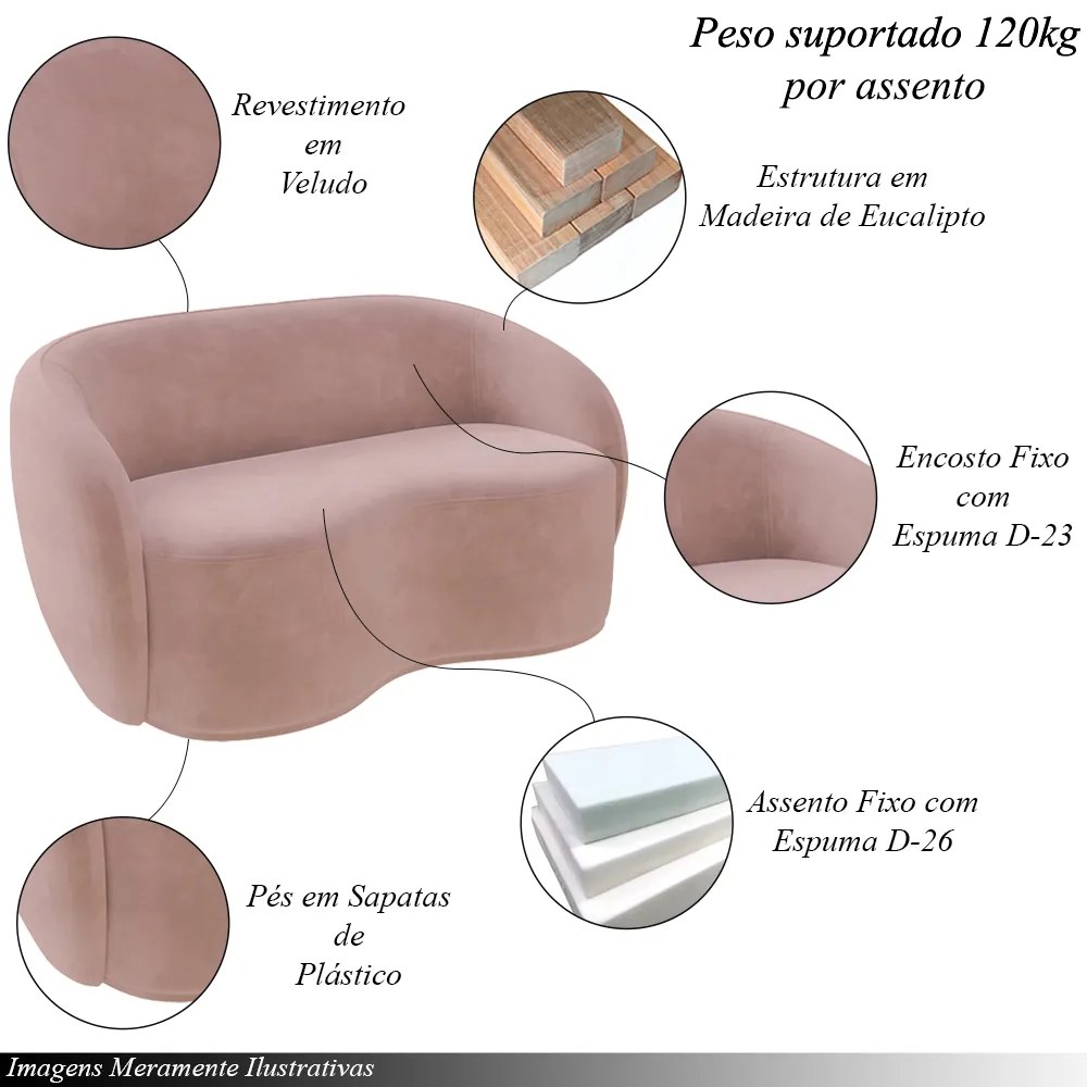 Conjunto 1 Sofá Living 180cm e 1 Poltrona Decorativa Sala de Estar Íbis Encosto Fixo Veludo Rosê G33 - Gran Belo