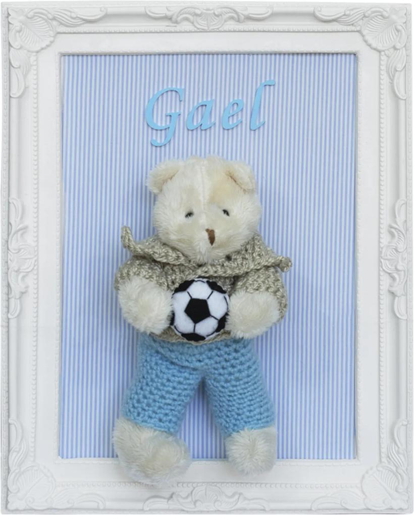 Porta Maternidade Quadro Urso Bege Roupa de Crochê e Bola de Futebol Quarto Bebê Infantil Menino Azul Potinho de Mel