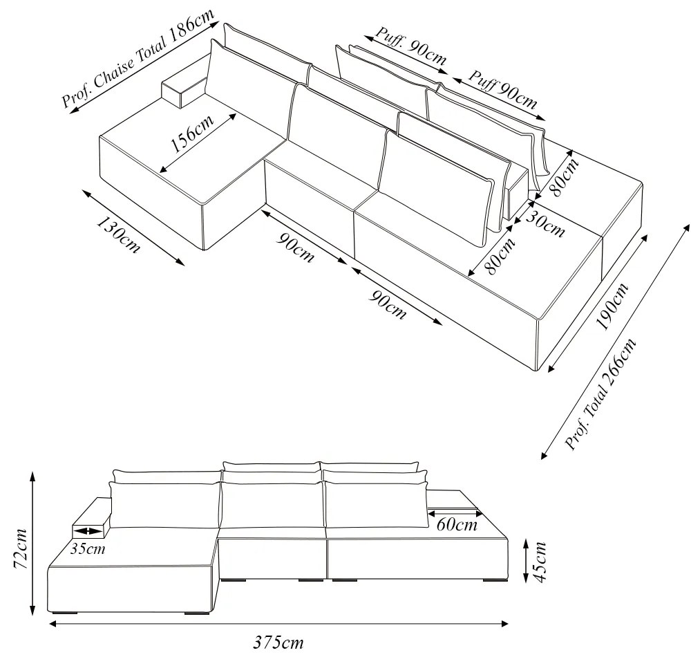 Sofá Ilha com Encosto e Almofadas Delta 375cm Modulado Chaise e Puffs Veludo Cinza G52 - Gran Belo