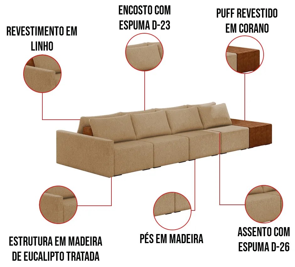 Sofá Ilha 4 Lugares Living 512cm Modulado para Sala Lary Linho K01 - D'Rossi - Areia