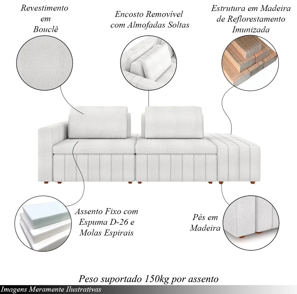 Sofá Ilha com Encosto e Almofadas Móveis Olimpo 285cm Modulado Bouclê Branco G45 - Gran Belo