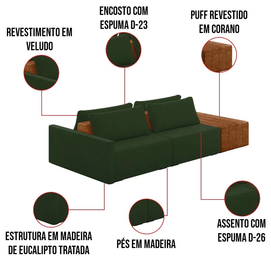 Sofá Ilha 2 Lugares Living 252cm Modulado para Sala Lary Veludo K01 - D'Rossi - Verde