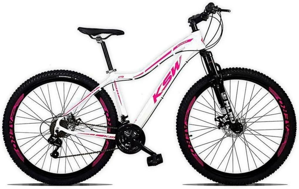 Bicicleta Feminina Sunny Aro 29 SuspensÁo Quadro 17 Freio a Disco 21v Alumínio Branco Rosa - KSW