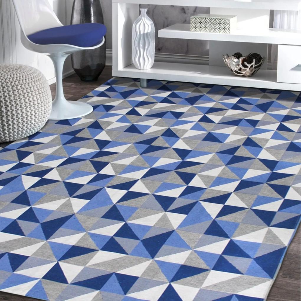 Tapete Sala Quarto Antiderrapante Geométrico Azul 1,32x2,50 Mosaico Renascence