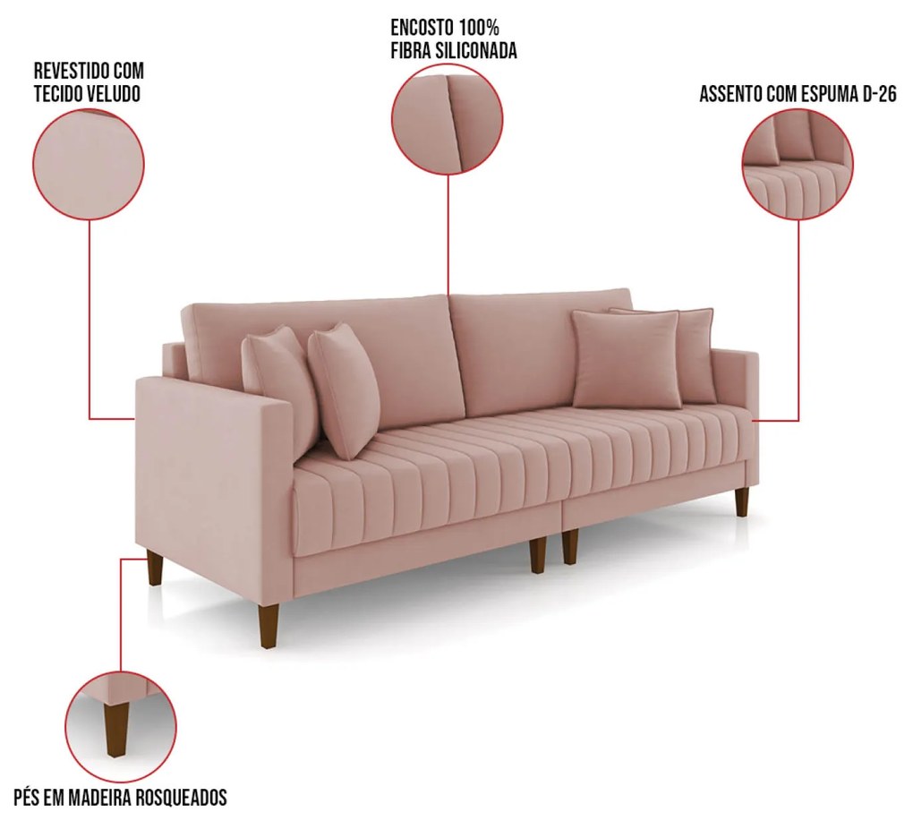 Sofá 2 Lugares Living 156cm Pés Madeira Cléo Veludo Rosê K01 - D'Rossi