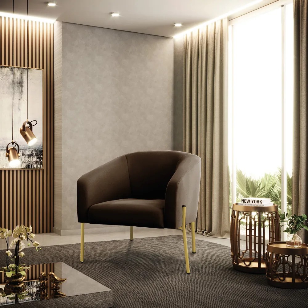 Poltrona Decorativa Pé de Ferro Dourado Kit 2 Stella Suede Marrom D03 - D'Rossi