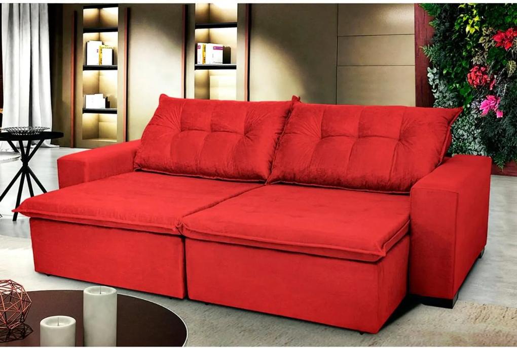Sofá Austrália 2,92m Retrátil, Reclinável, Molas e Pillow no Assento Tecido Suede Vermelho Cama InBox
