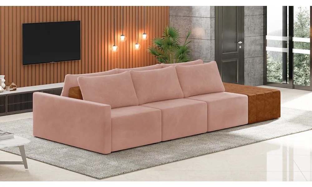 Sofá Ilha 3 Lugares Living 342cm Modulado para Sala Lary Veludo K01 - D'Rossi - Rose