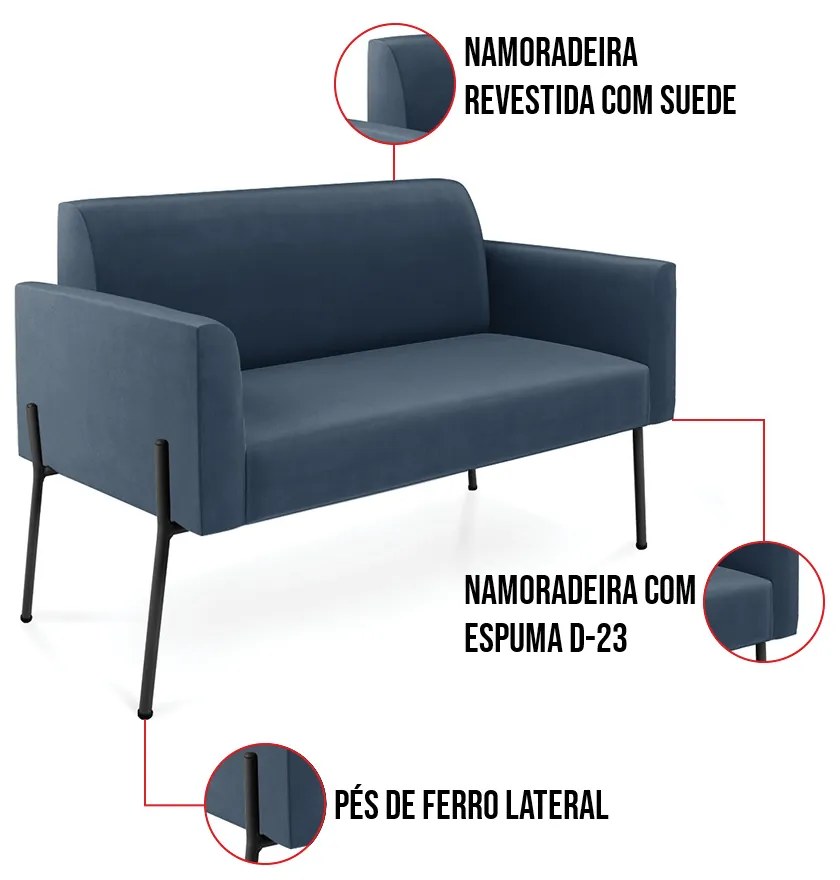 Sofá Namoradeira 2 Lugares Pé de Ferro Preto Marisa Suede D03 - D'Rossi - Azul Marinho